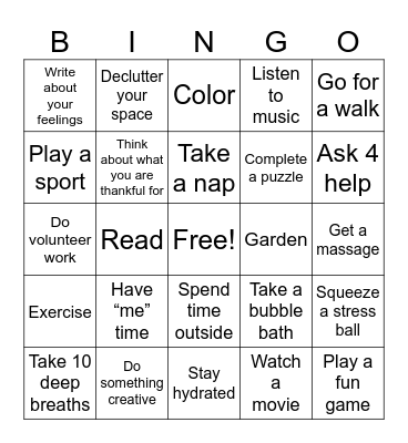 Mental Health Awareness Bingo Card