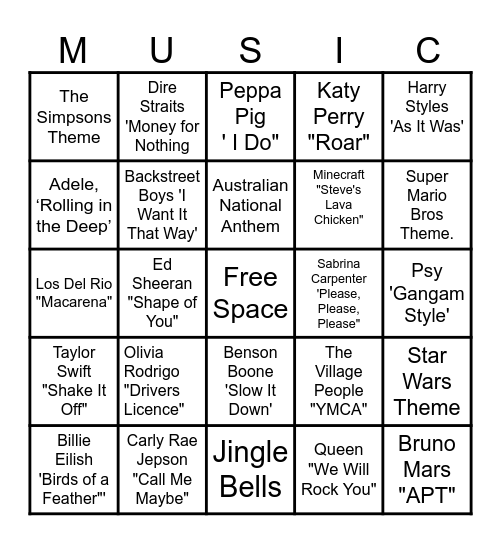 MUSIC! MUSIC! MUSIC! Bingo Card