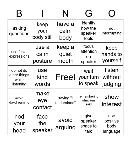 active listening skills bingo Card