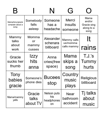 Road trip bingo Card