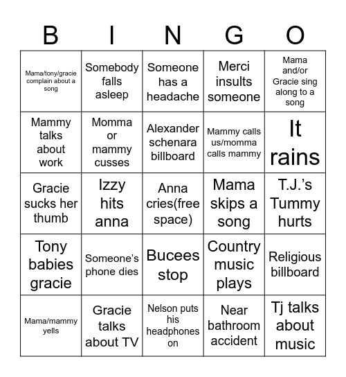Road trip bingo Card