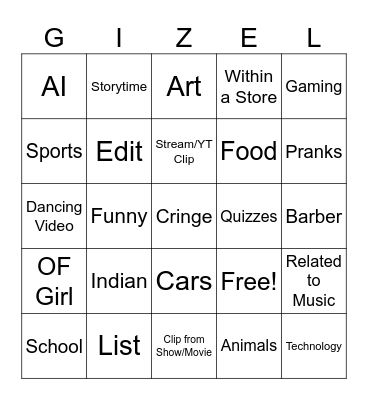 The Gizel Board Bingo Card