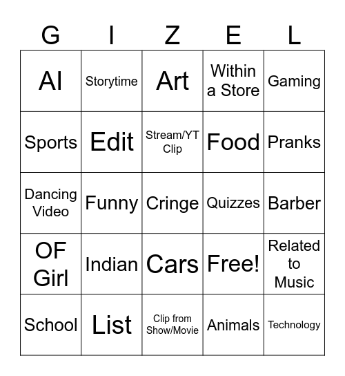 The Gizel Board Bingo Card