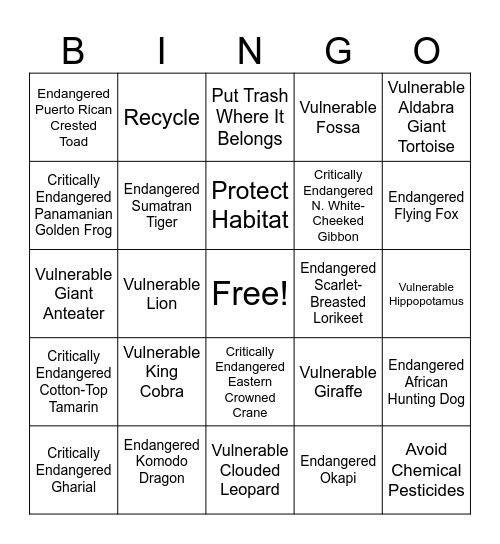 Endangered Species Bingo Card