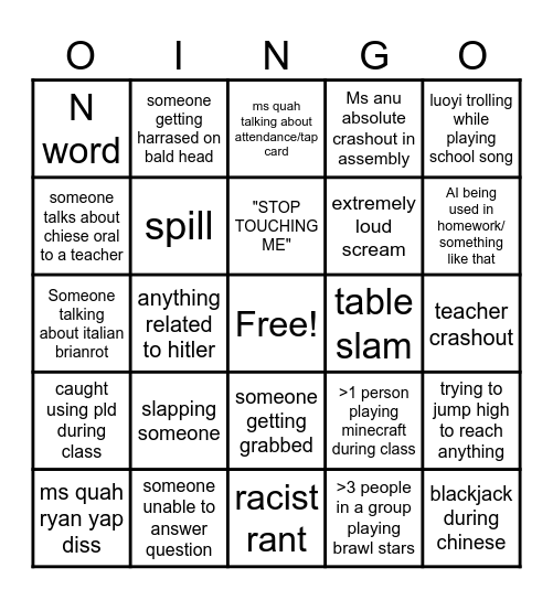 3a3 bingo Card