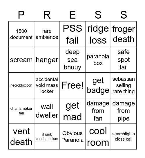 pressure bingo Card