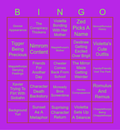 Crazy Fun Park Season 2 Bingo Card