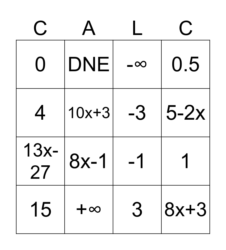 Intro To Calculus Bingo Card