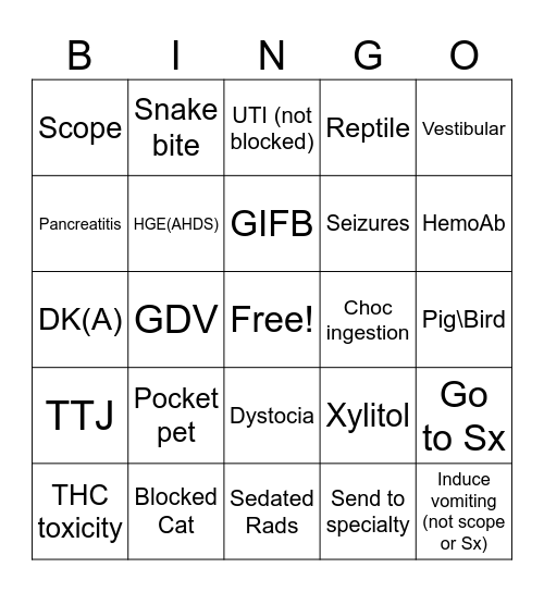 ER Veterinary Bingo Card