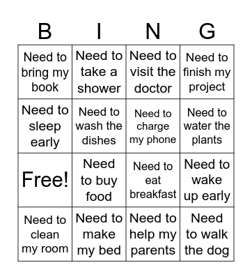 Need to Bingo Card