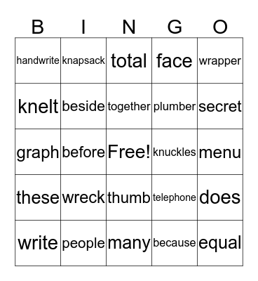 Spelling Bingo Card