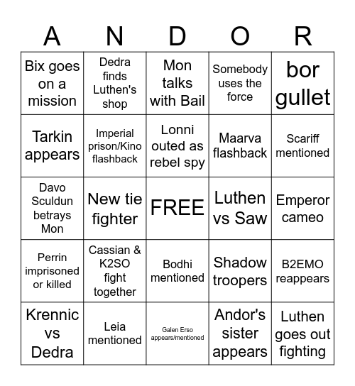 Andor S2 Finale Bingo Card