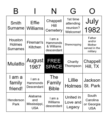 Hammonds Williams Family Bingo Card