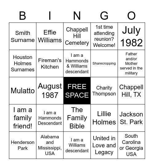Hammonds Williams Family Bingo Card