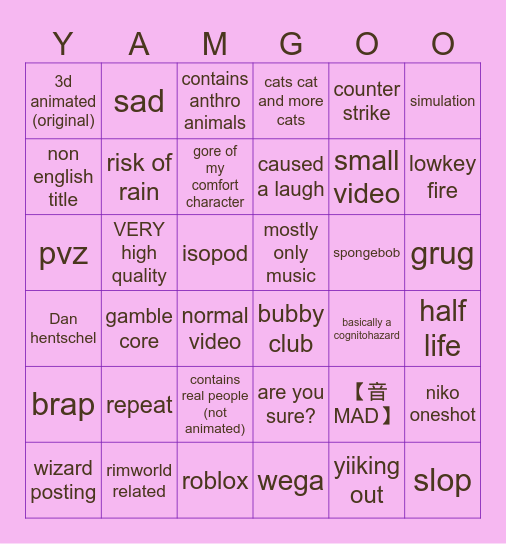 YAMGOO Bingo Card