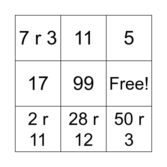 Long Division Bingo Card
