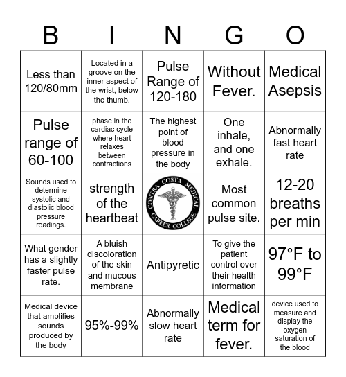 Vitals Bingo Card