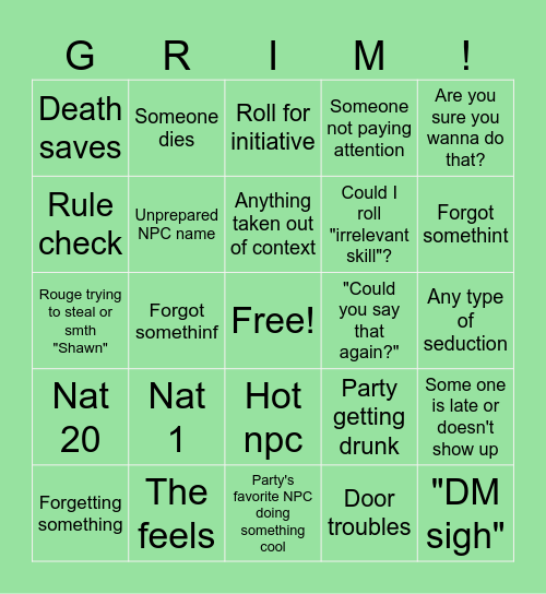 Dnd bingo Card
