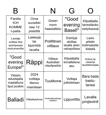 Euroviisubingo 2025 Bingo Card