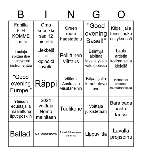 Euroviisubingo 2025 Bingo Card