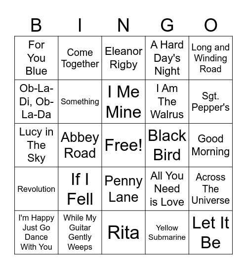 The Beatles Song Bingo Card