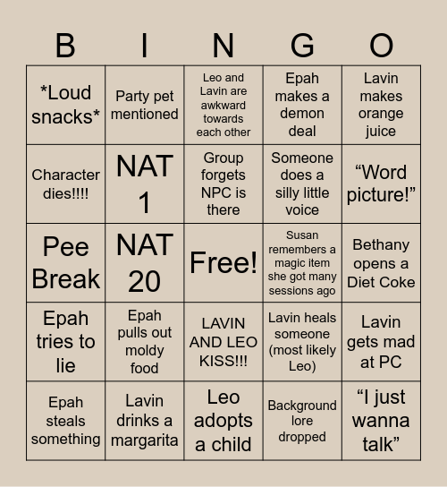 D&D Night Bingo Card