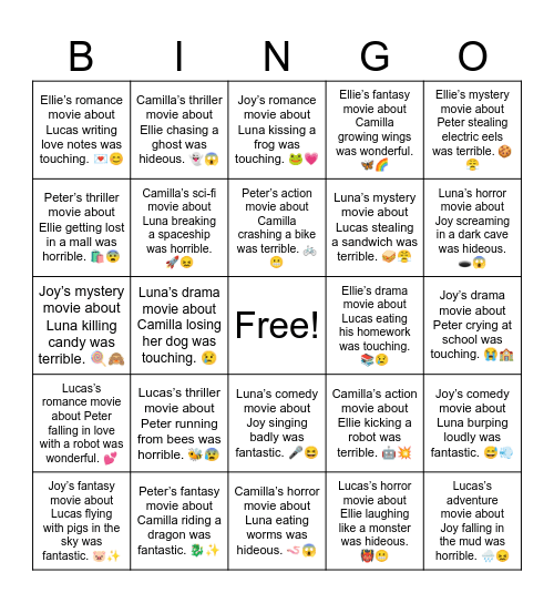 Joy’s mystery movie about Luna hiding candy was terrible. 🍭🙈 Bingo Card