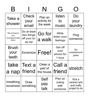 Mental Health Bingo Card
