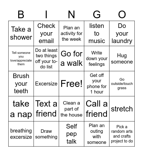 Mental Health Bingo Card