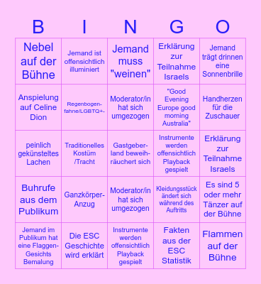 Eurovision Song Contest Bingo Card