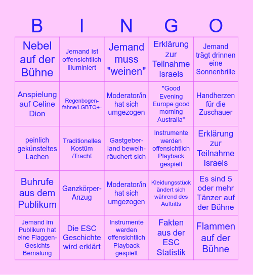 Eurovision Song Contest Bingo Card