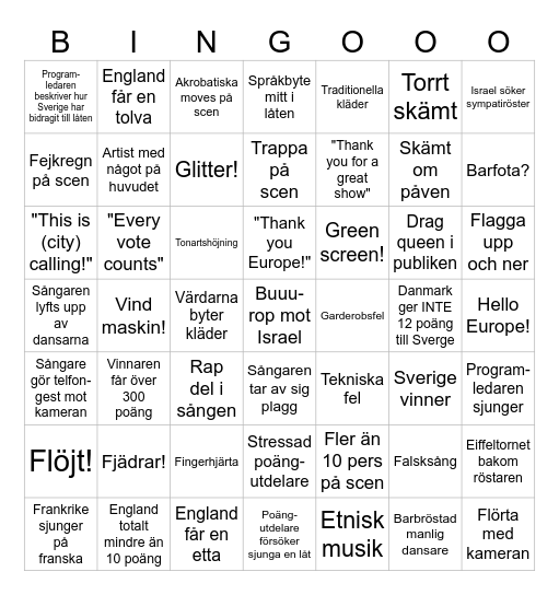 Eurovision Bingo Card