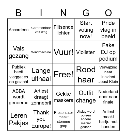 Eurovision First Semi Finale Bingo Card