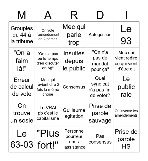 Mardi Bingo Card