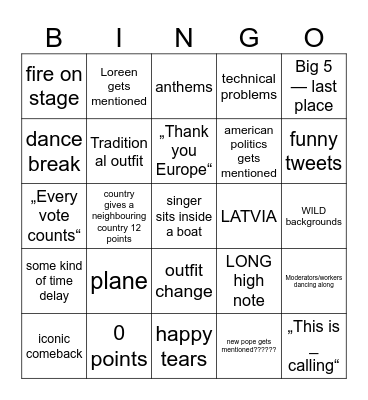 Eurovision 2025 Bingo Card