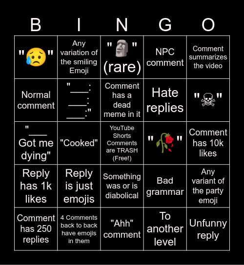 The Ultimate Bad YouTube Comment Section Bingo Card