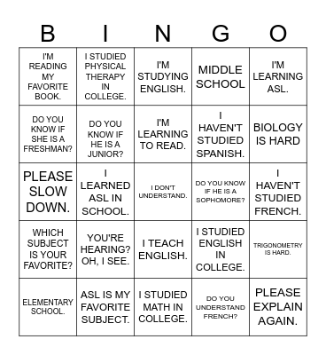 Learning ASL - Unit 2 (Sentences) Bingo Card