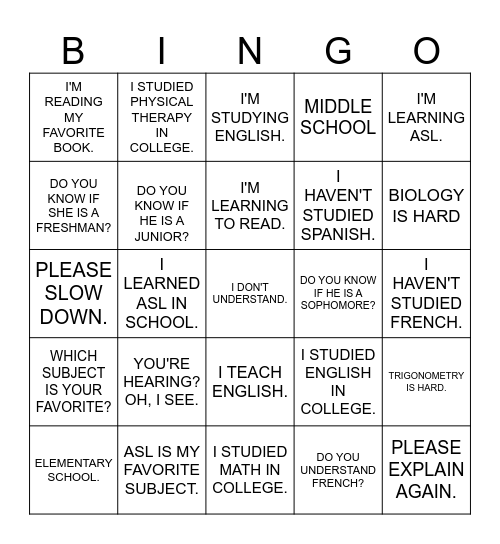 Learning ASL - Unit 2 (Sentences) Bingo Card