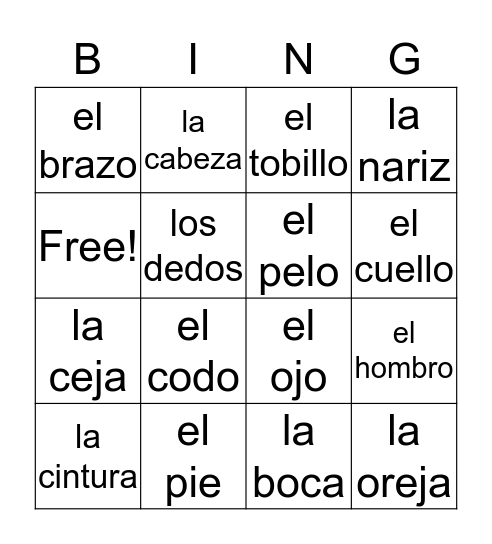 El Cuerpo Bingo Card