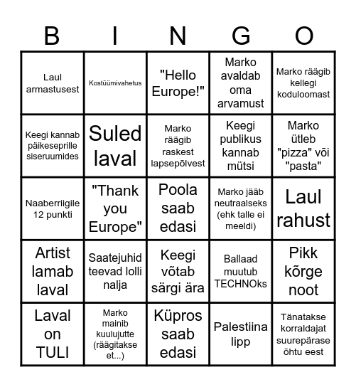 Eurovision 2025 Bingo Card