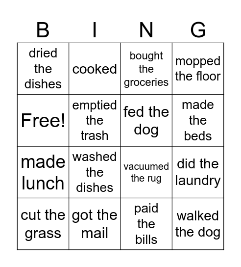 Chores Past Tense Bingo Card