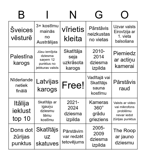 Eirovīzijas Bingo Card