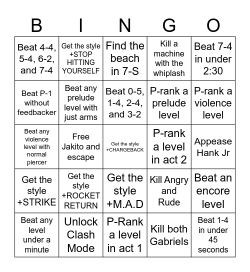 Ultrakill Lockout Bingo Card