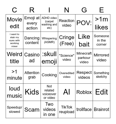 Youtube shorts cringe card Bingo Card