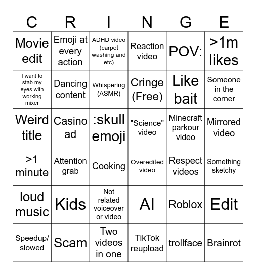 Youtube shorts cringe card Bingo Card
