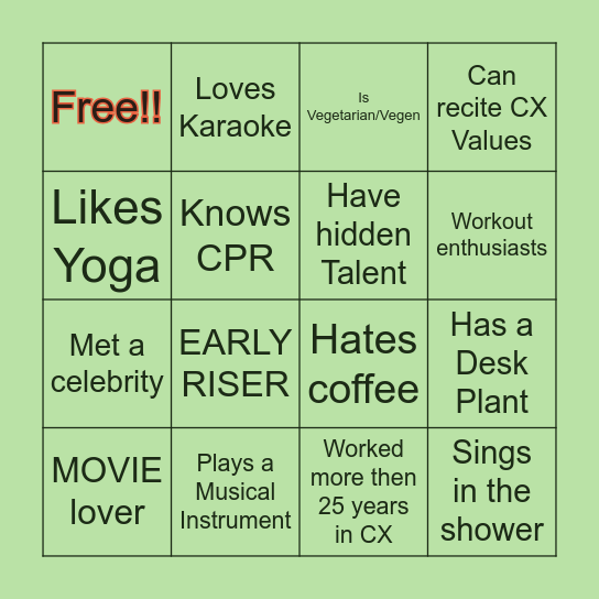 CX HUMAN BINGO Card