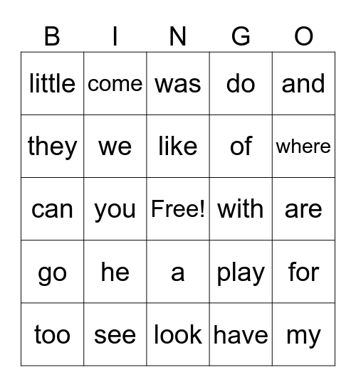Sight Word BINGO Card
