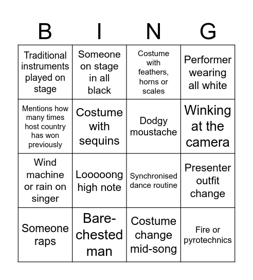 Eurovision Bingo Card