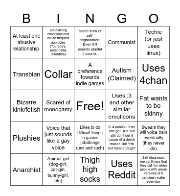 BORING internet transfem Bingo Card Bingo Card