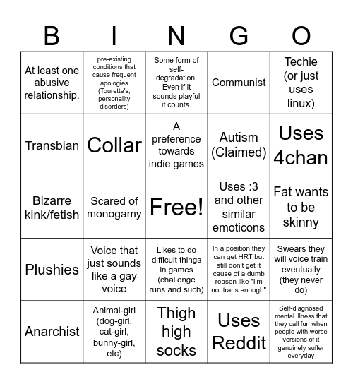 BORING internet transfem Bingo Card Bingo Card